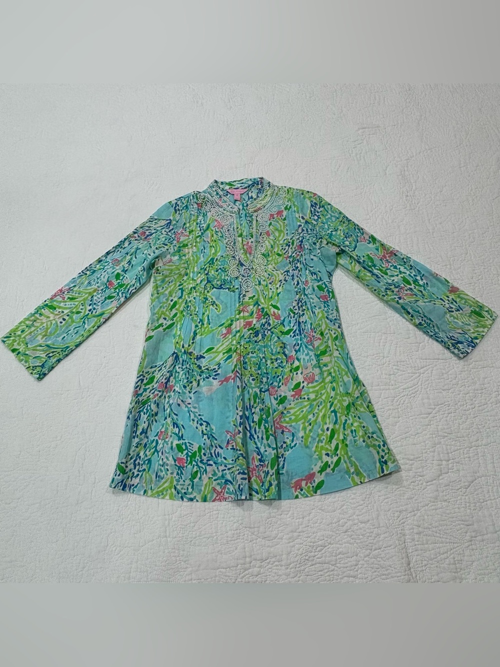 Lilly Pulitzer Tunic Top Sarasota Shorely Blue Pastel Green V Neck Beaded Sz XS
